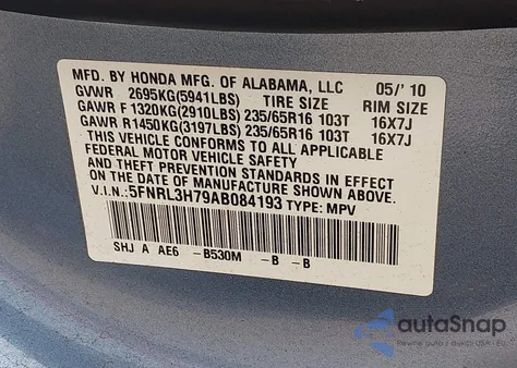 2010 Honda Odyssey Ex-L z USA, uszkodzony, nr VIN 5FNRL3H79AB084193